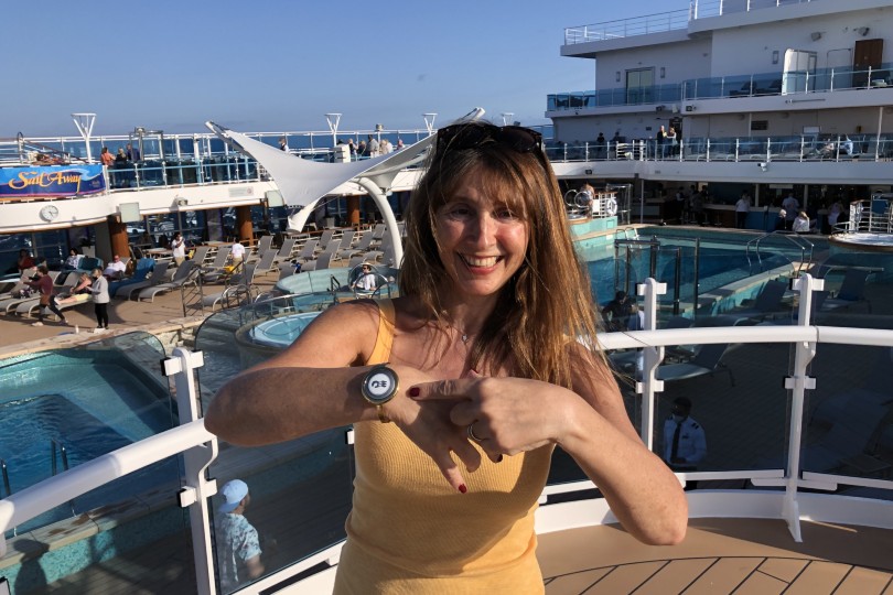 Jo Kessel models her Medallion – the technology can help your clients to personalise their cruise